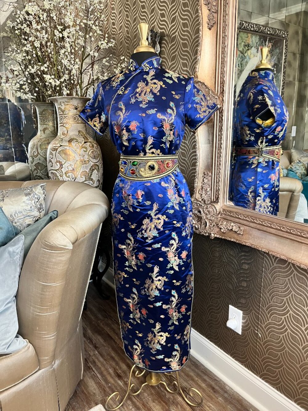vintage-style navy Chinese qipao gold dragon traditional mandarin collar dress